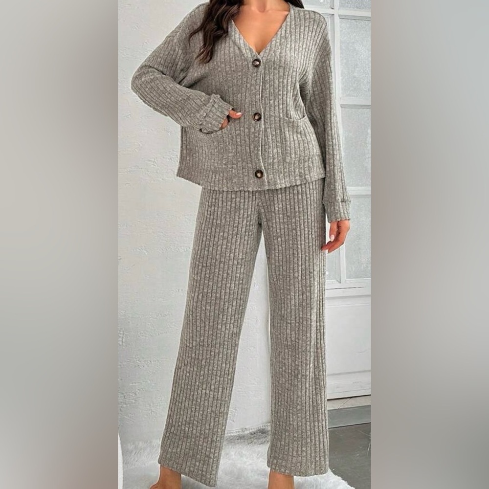 Drop Shoulder Button Front Tee & Pants Lounge Set